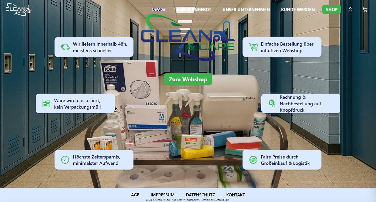 Startseite von Clean & Care in der Desktop-Ansicht
