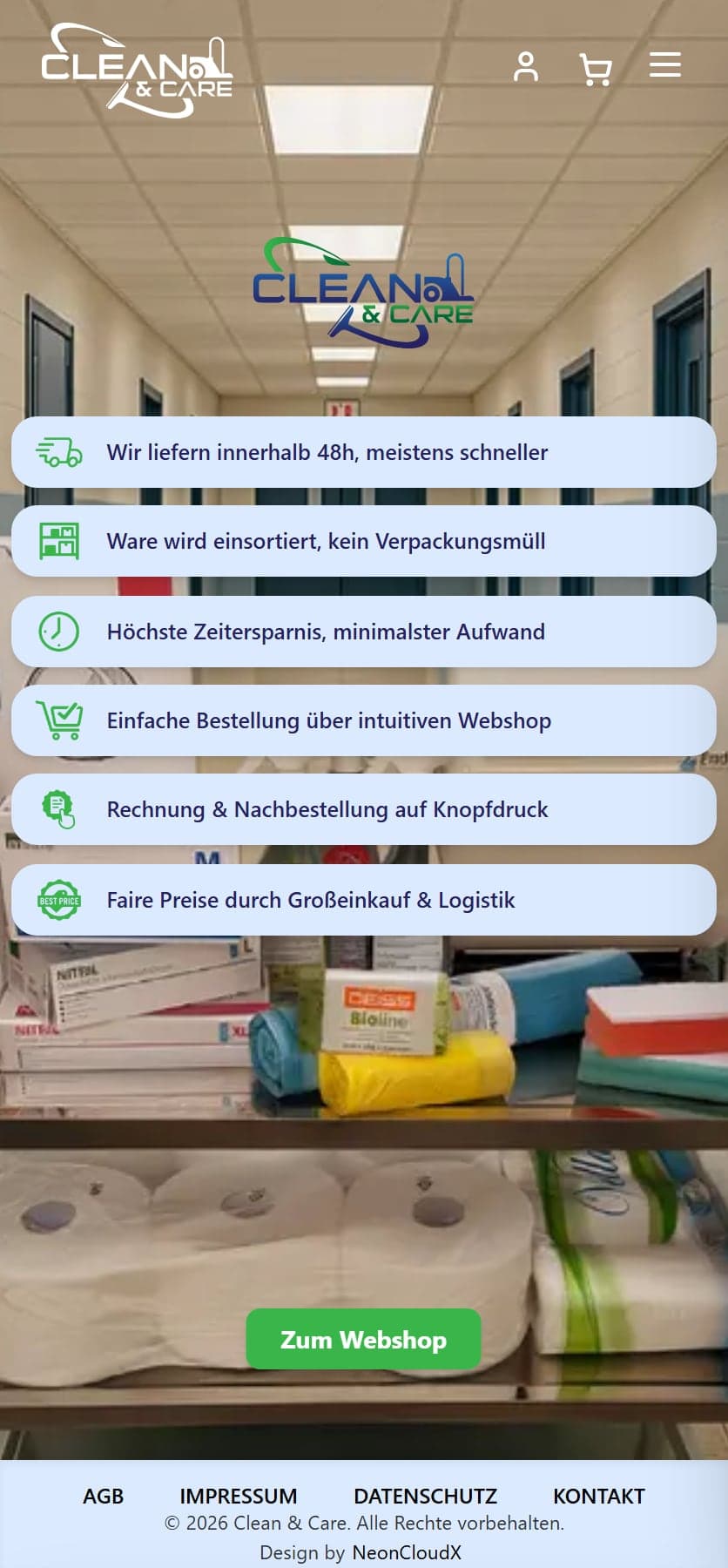 Webshop von Clean & Care in der Mobilansicht