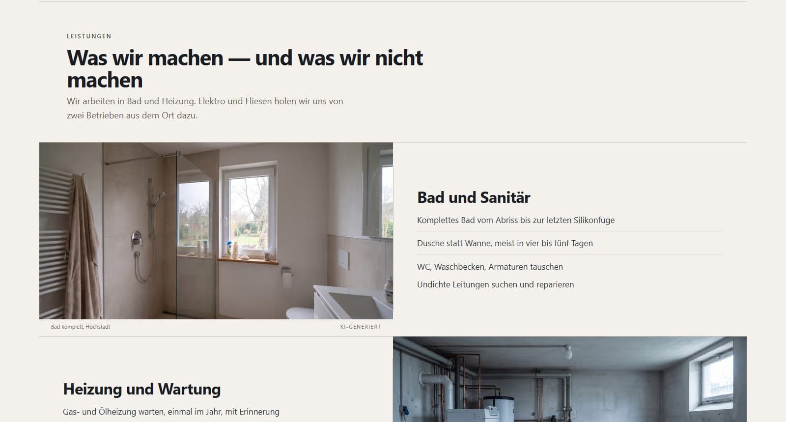 Leistungsseite einer Unternehmenswebsite in der Desktop-Ansicht