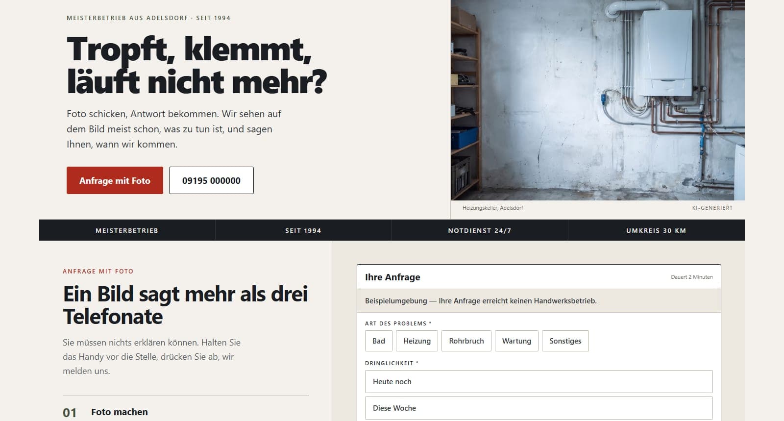 Startseite eines Handwerksbetriebs mit Anfrageformular und Foto-Upload