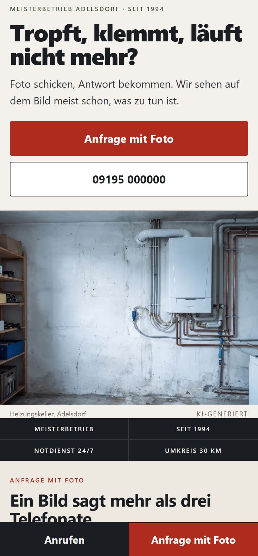 Handwerker-Website in der Mobilansicht