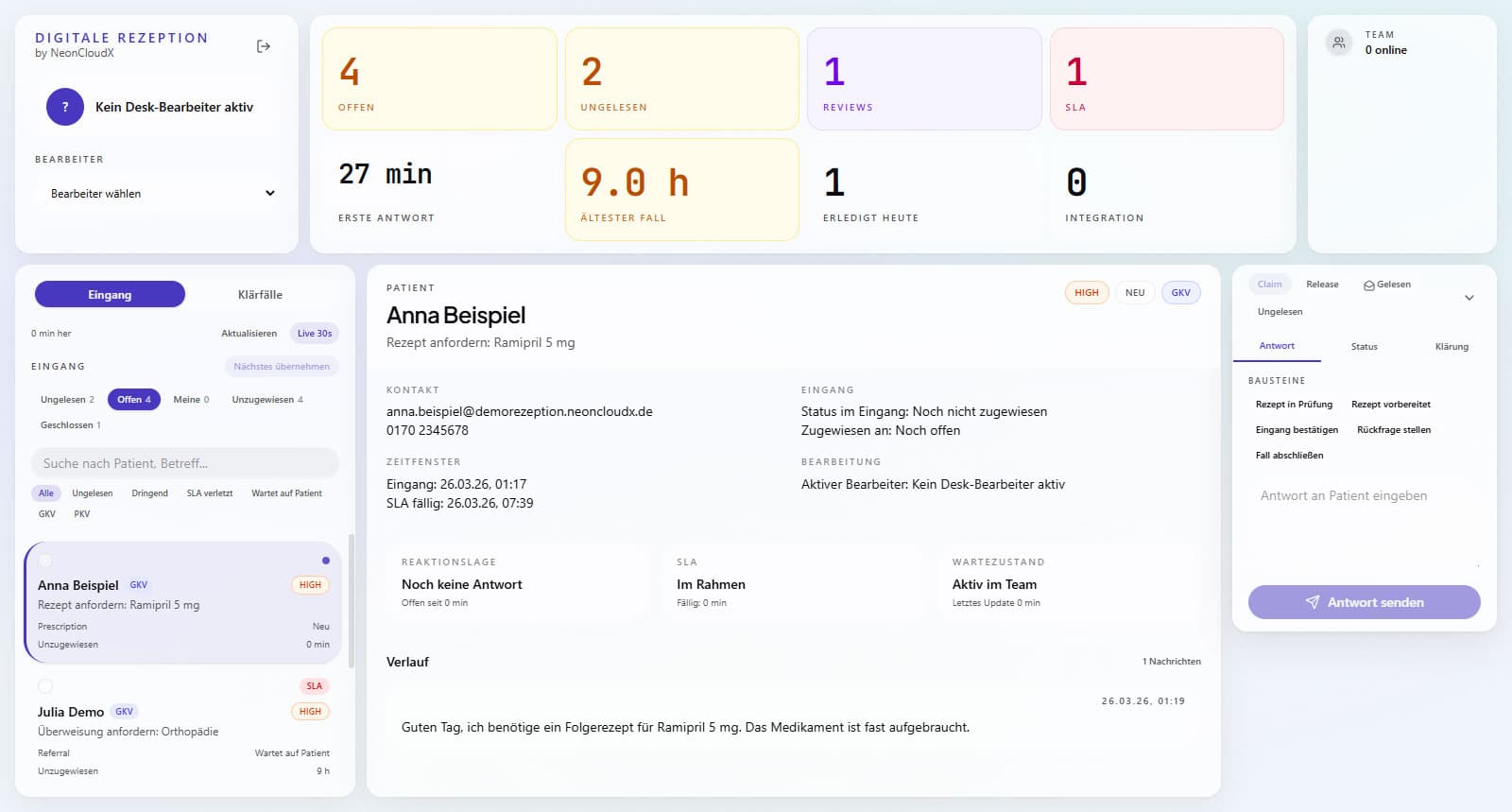 Dashboard-Ansicht der Online-Rezeption für Team, Inbox und Statuspfade